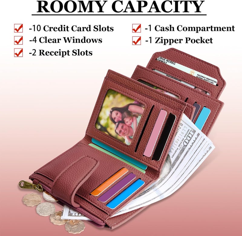 Airkit Small Wallet Women RFID Blocking Soft Leather Bifold Compact Card Holder Wallet for Women with Zipper Coin Pocket 4 ID Window - Image 4